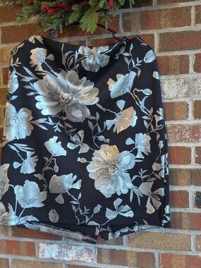 Roz & Ali Black Silver Metallic Floral Pull-On Stretch Skirt - Women’s Size L
